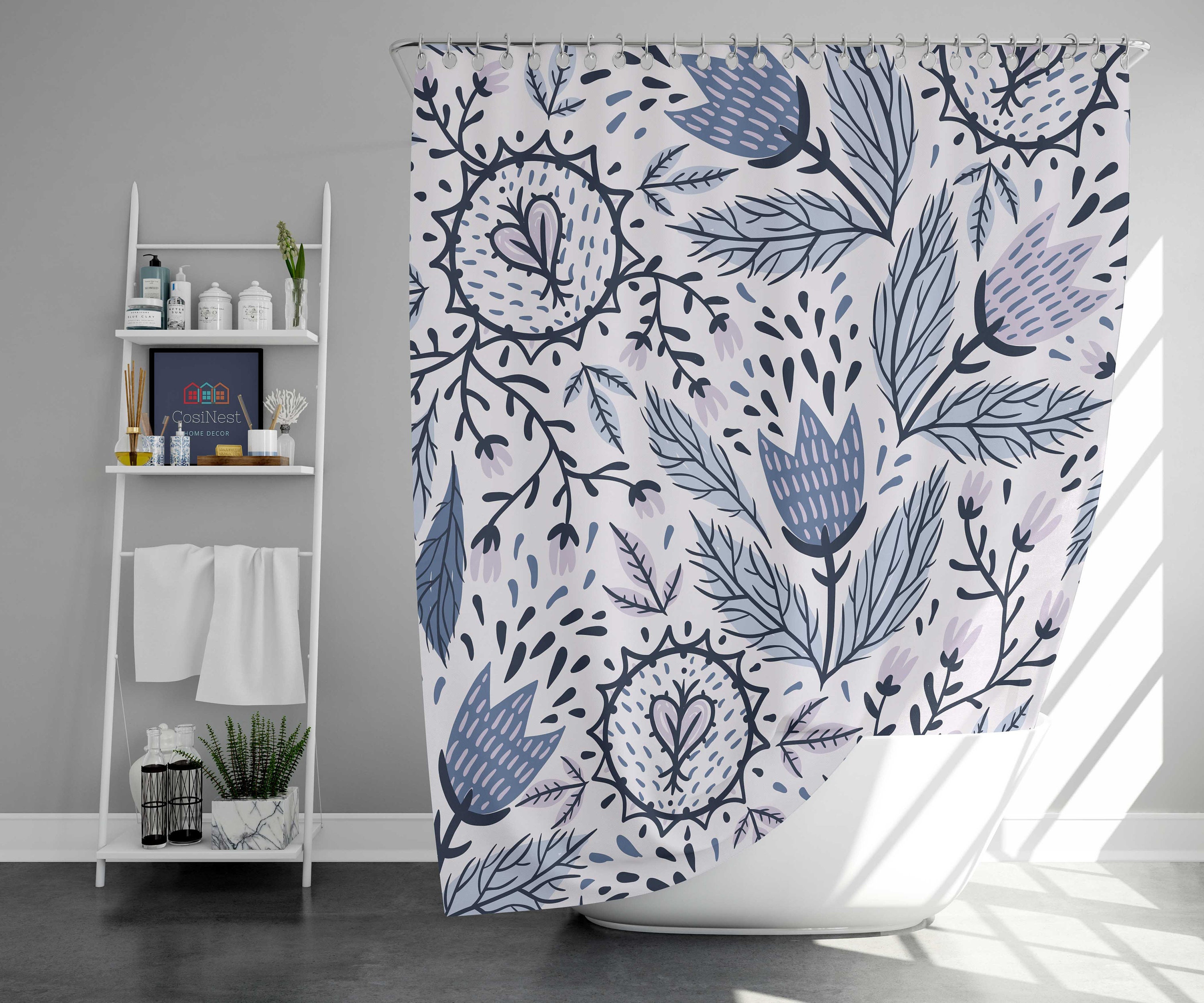 Purple Tulip Shower Curtain | Spring Flower Botanical Pattern | Fabric Bathroom Curtain Mat