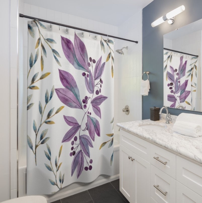 Purple Watercolor Flowers Shower Curtain | Aquarel Paarse Bloemen Bloemen, Boerderij Decor, Badgordijn | Home Bath Decor - Image 3