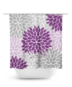 Purple and Gray Unique Shower Curtain, Modern Fabric Bathtub Curtain for Purple Bathroom with Floral Art