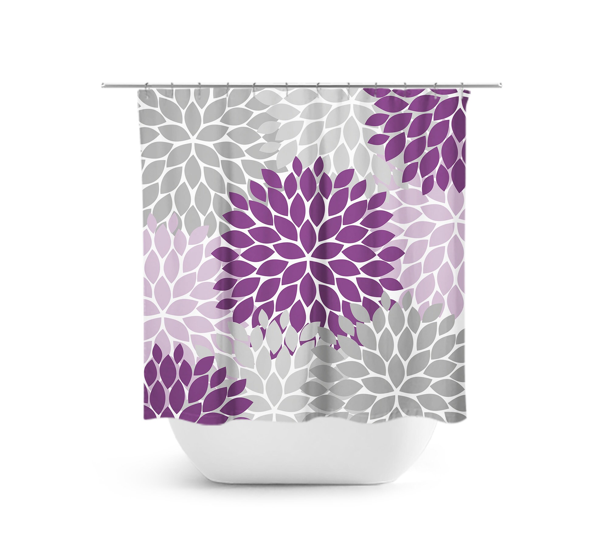 Purple and Gray Unique Shower Curtain, Modern Fabric Bathtub Curtain for Purple Bathroom with Floral Art