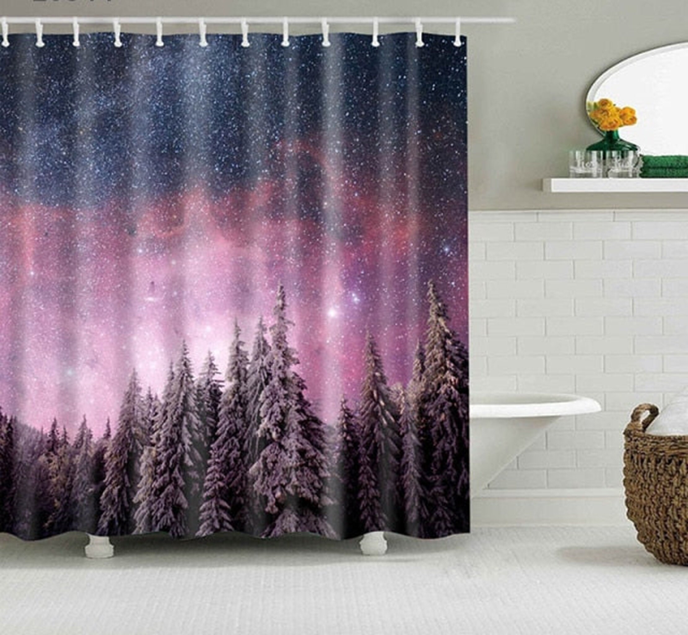 Purple nature star tree landscape Shower Curtain | Starry night in the forest | Fabric Bathroom Curtain