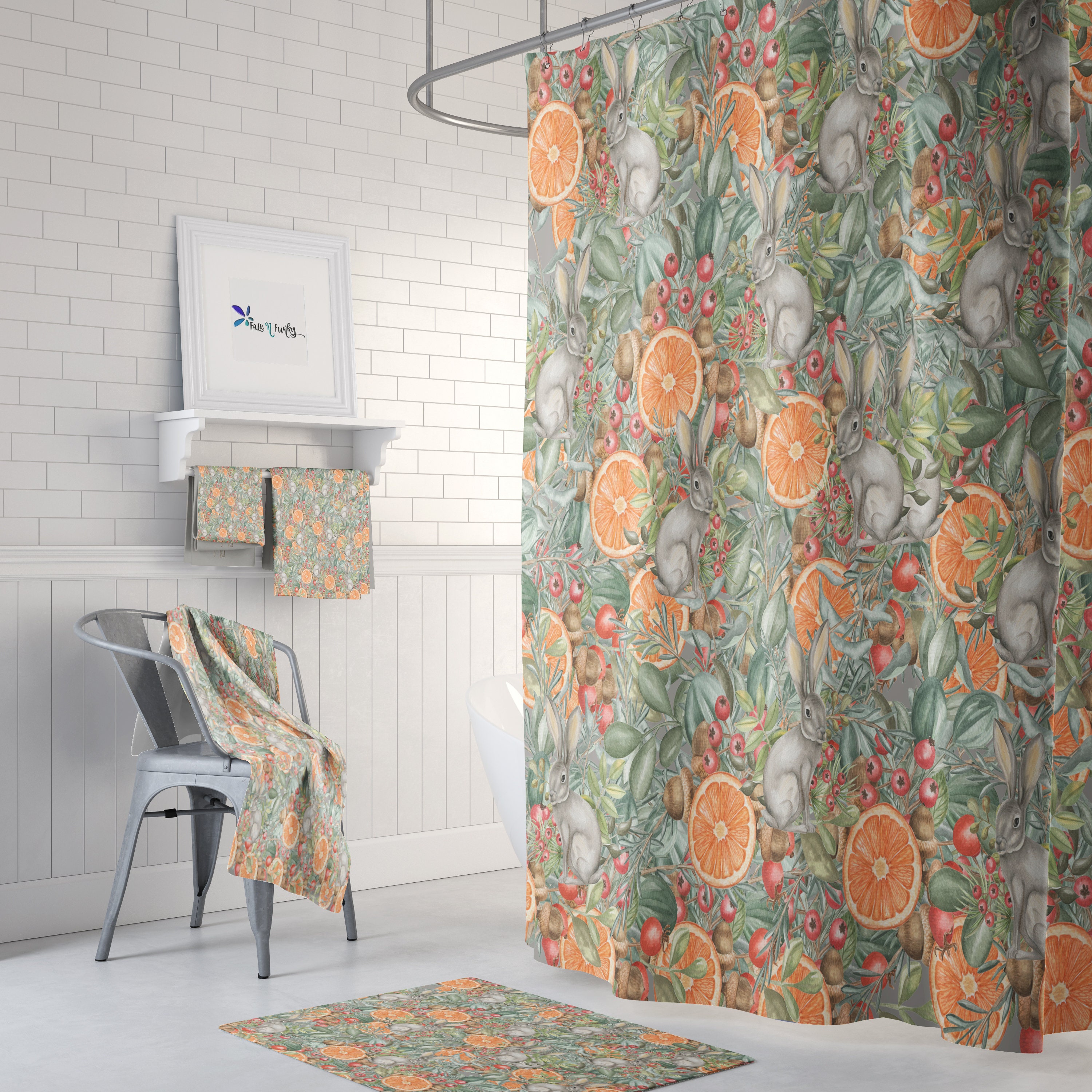 Rabbit Patch Floral Shower Curtain - Whimsical Bath Curtain with Optional Towels and Mat for Restroom Decor
