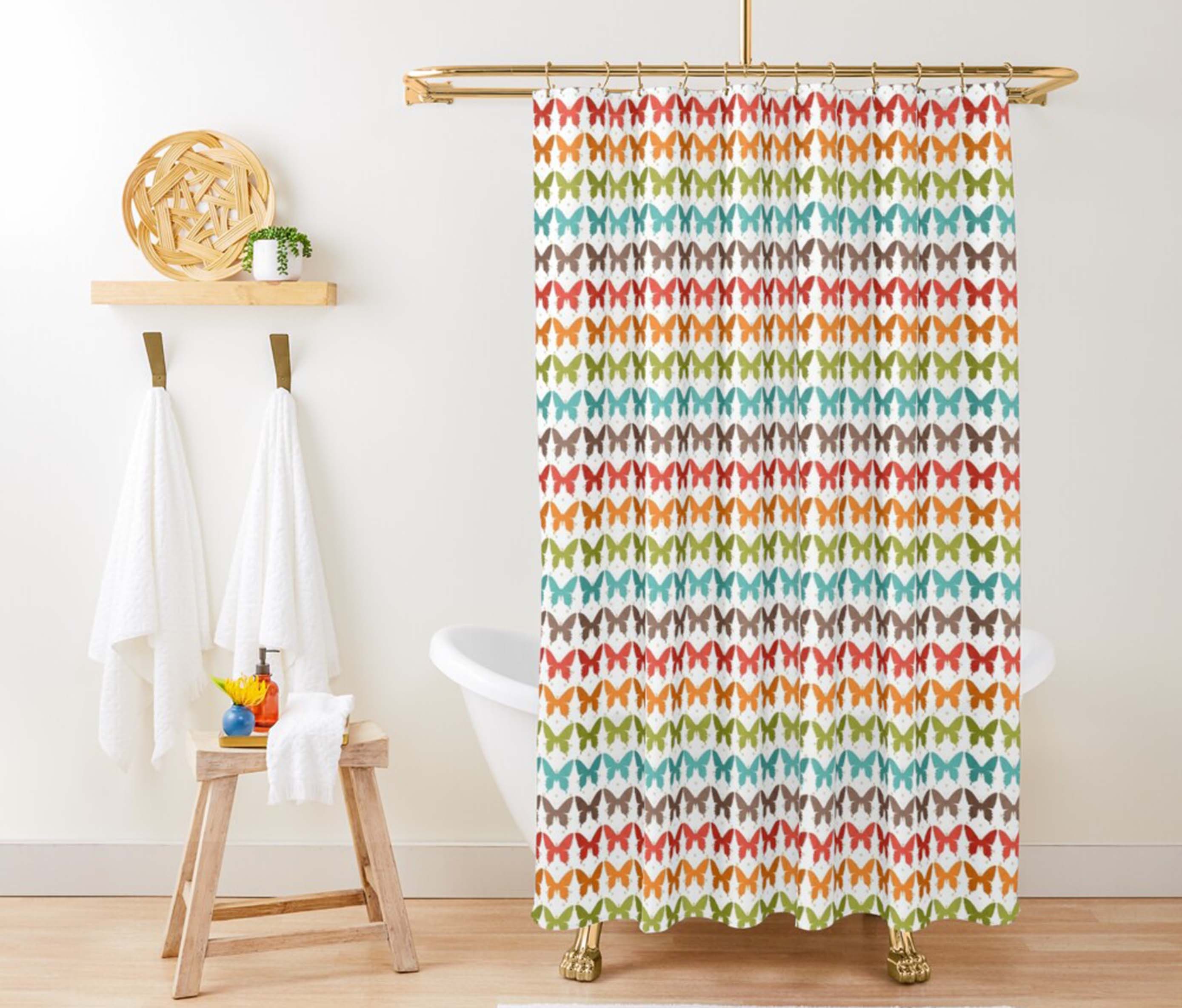 Rainbow Butterfly Shower Curtain | Colorful Pattern Fabric, Bathroom Curtain and Mat Housewarming Gift