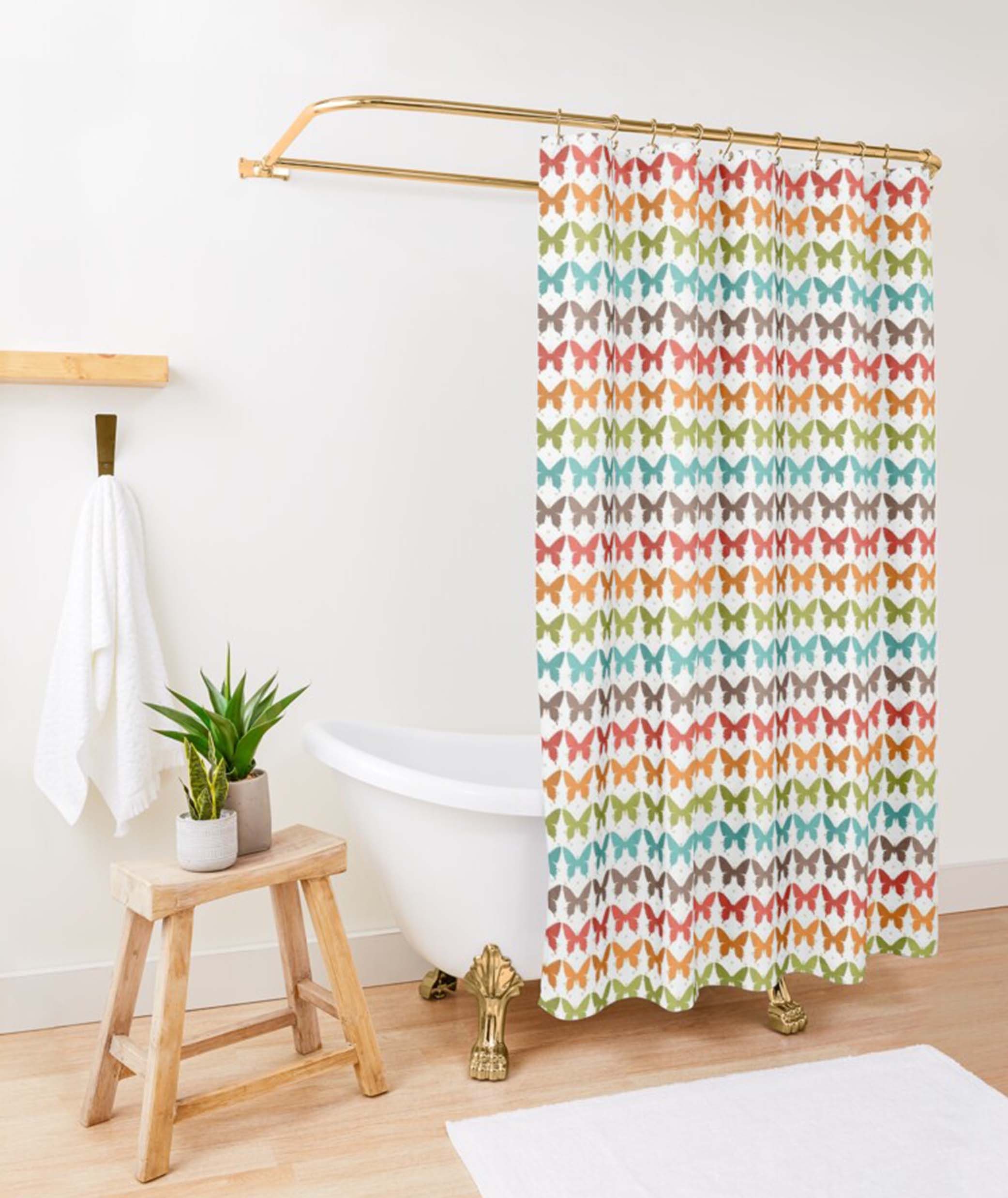 Rainbow Butterfly Shower Curtain | Colorful Pattern Fabric, Bathroom Curtain and Mat Housewarming Gift - Image 3