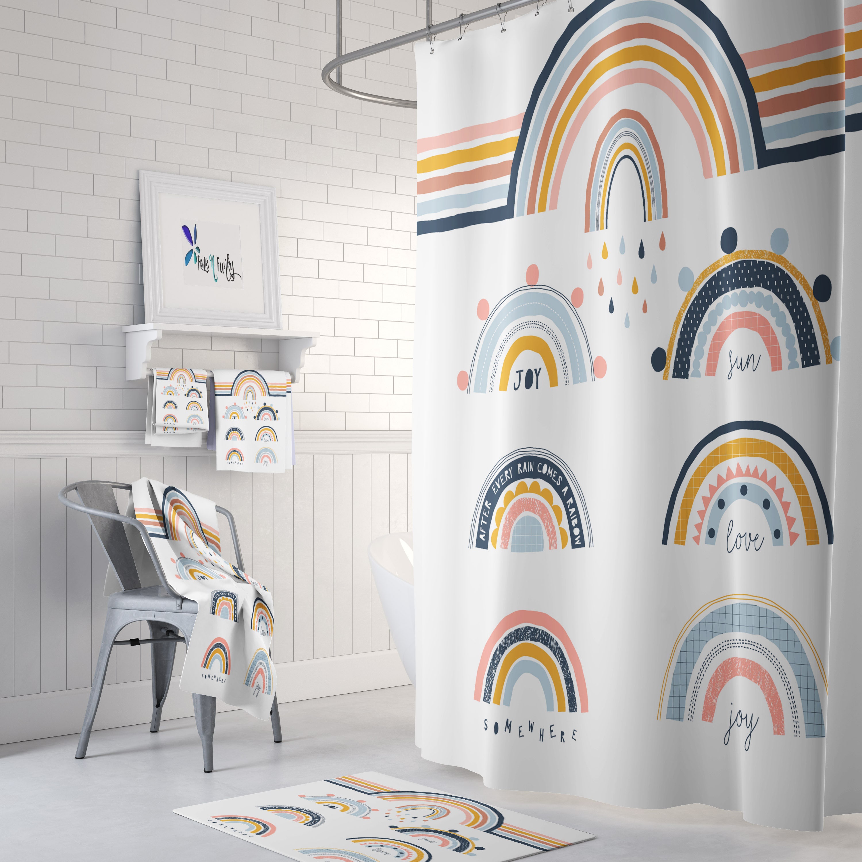 Rainbow Mid Century Modern Shower Curtain - Build Your Own Bath Set with Towels and Mat