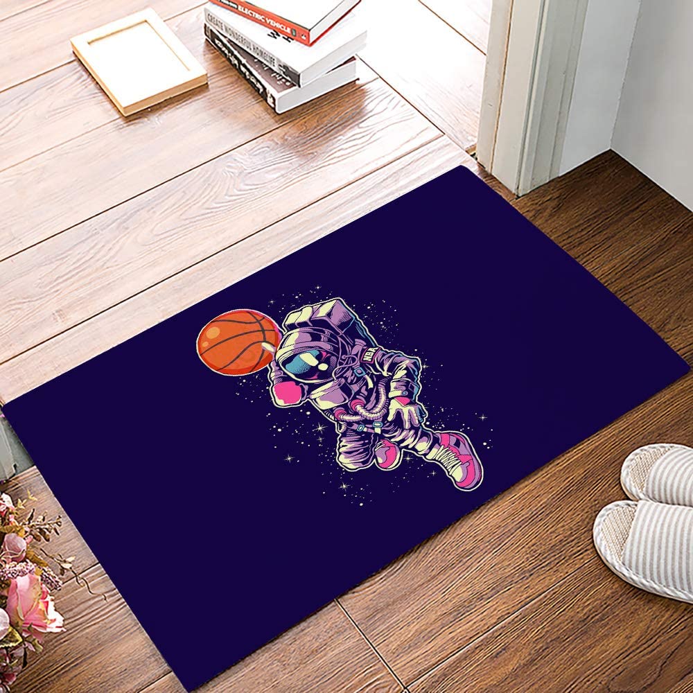 Rectangle Indoor Mat Throw Carpet with Astronaut Playing Basketball - Shining Starry Sky Rug for Durable Home Decor - Image 2