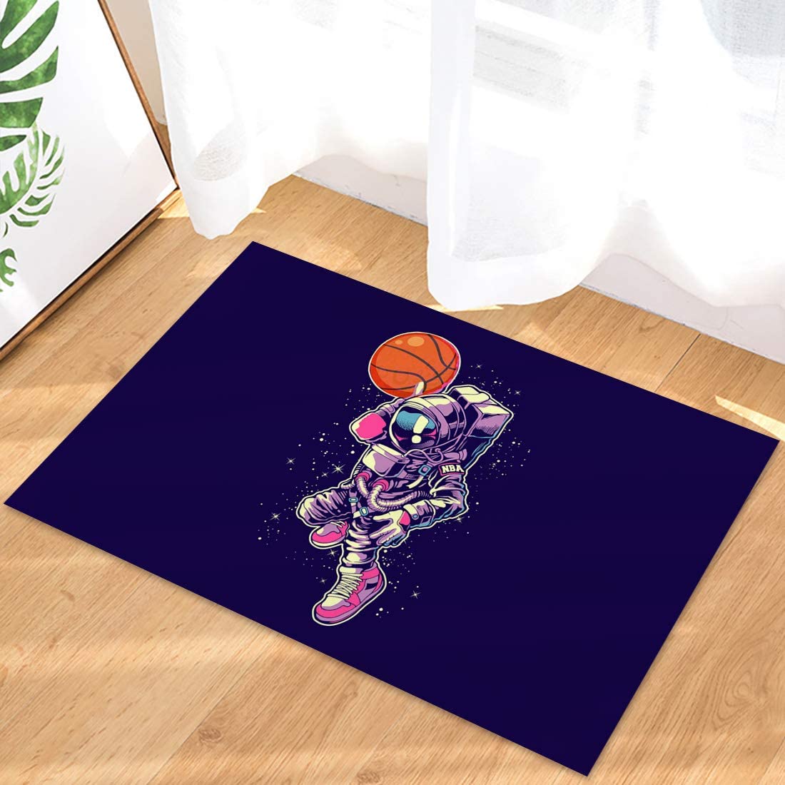 Rectangle Indoor Mat Throw Carpet with Astronaut Playing Basketball - Shining Starry Sky Rug for Durable Home Decor - Image 3