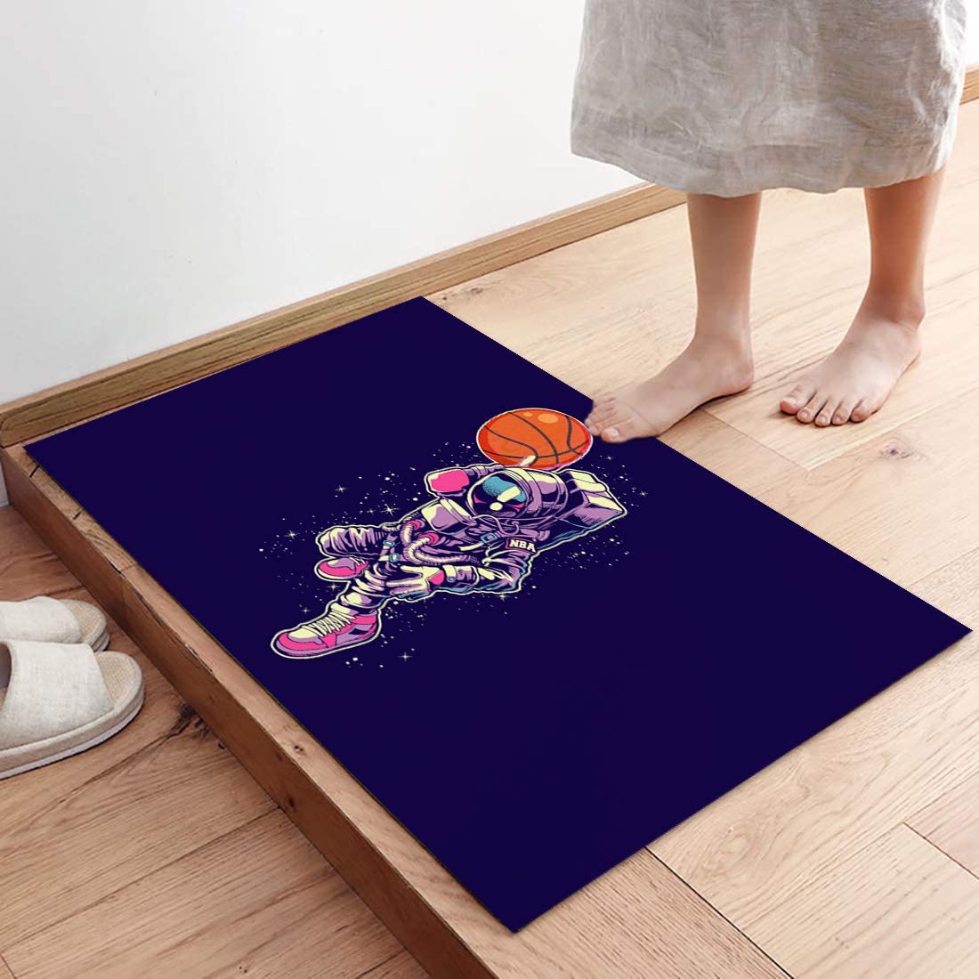 Rectangle Indoor Mat Throw Carpet with Astronaut Playing Basketball - Shining Starry Sky Rug for Durable Home Decor - Image 4