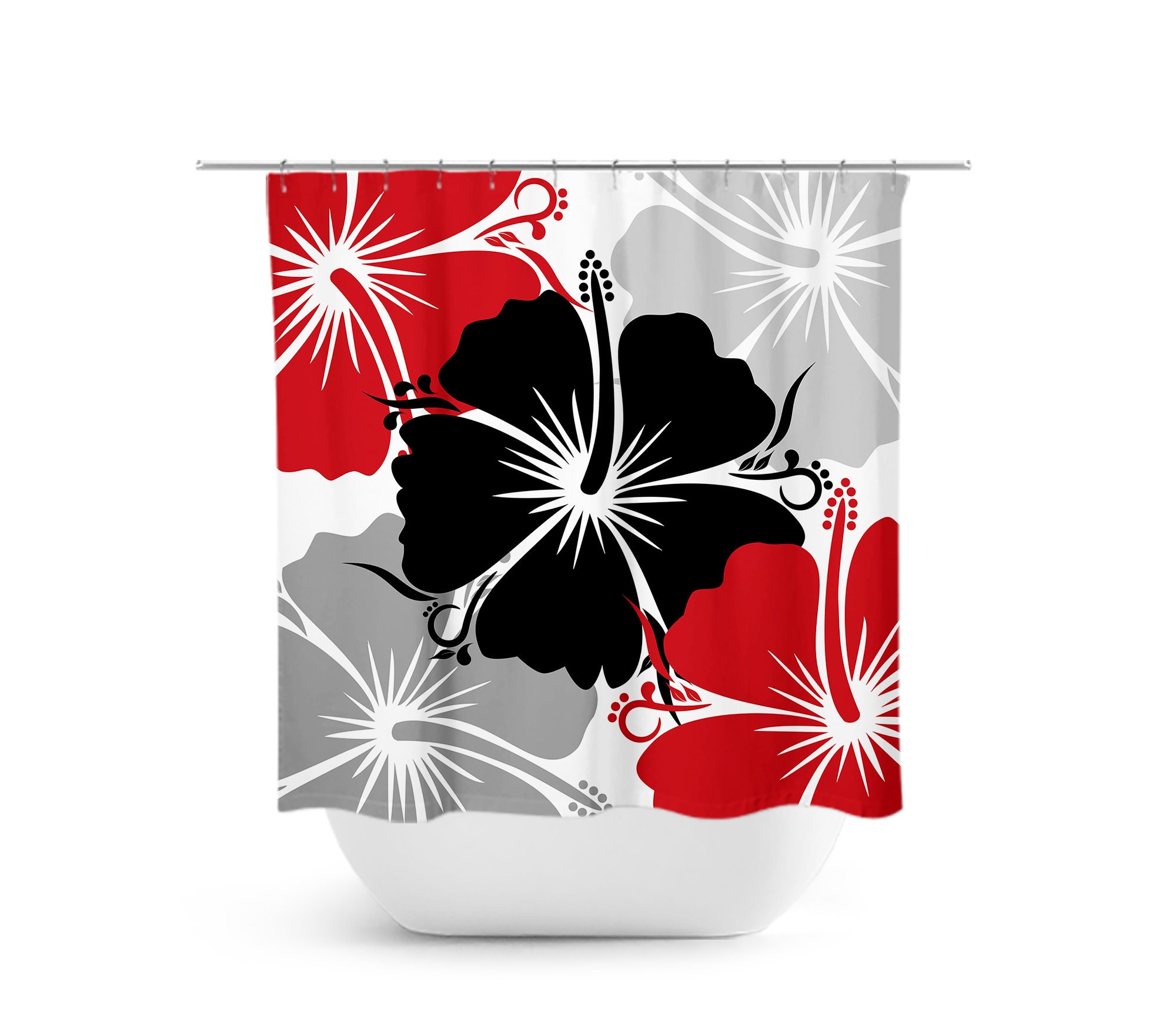 Red Black Gray Hibiscus Shower Curtain, Custom Bathtub Curtain for Red Bathroom Decor with Unique Quotes