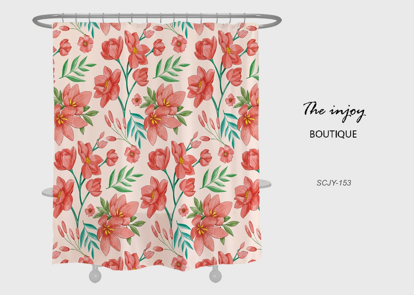 Red Boho Floral Flowers Shower Curtain with Customizable Sizes