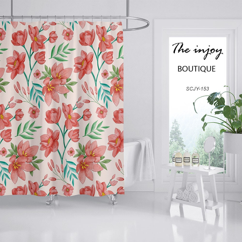 Red Boho Floral Flowers Shower Curtain with Customizable Sizes - Image 2