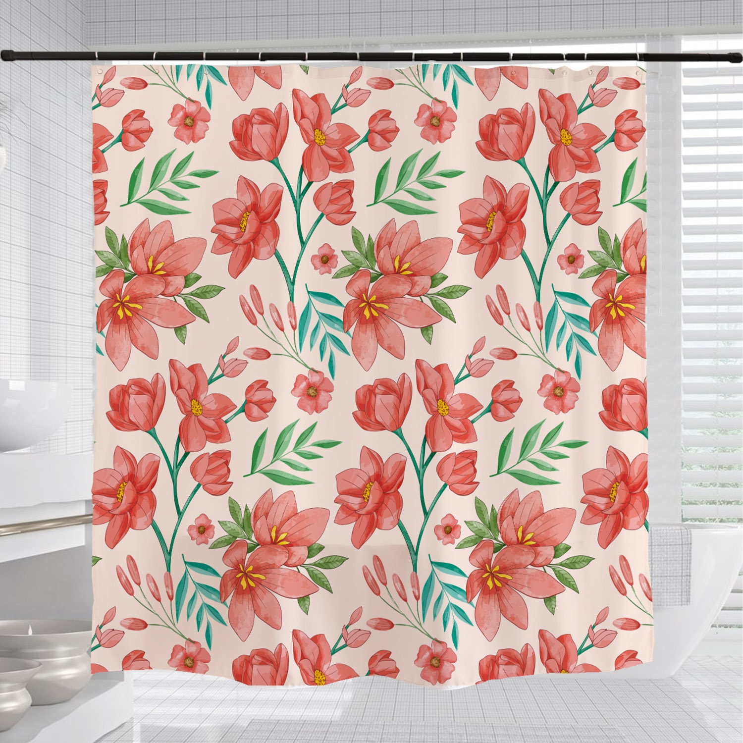 Red Boho Floral Flowers Shower Curtain with Customizable Sizes - Image 3