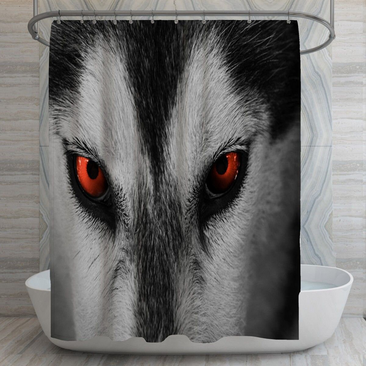 Red Eyed Wolf Shower Curtain | Grey Husky Wolf Bath Decor | Majestic Bathroom Photographic Curtains