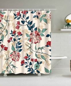 Red Floral Shower Curtain | Chrysanthemum Peony Dahlia Flowers | Fabric Bathroom Curtain