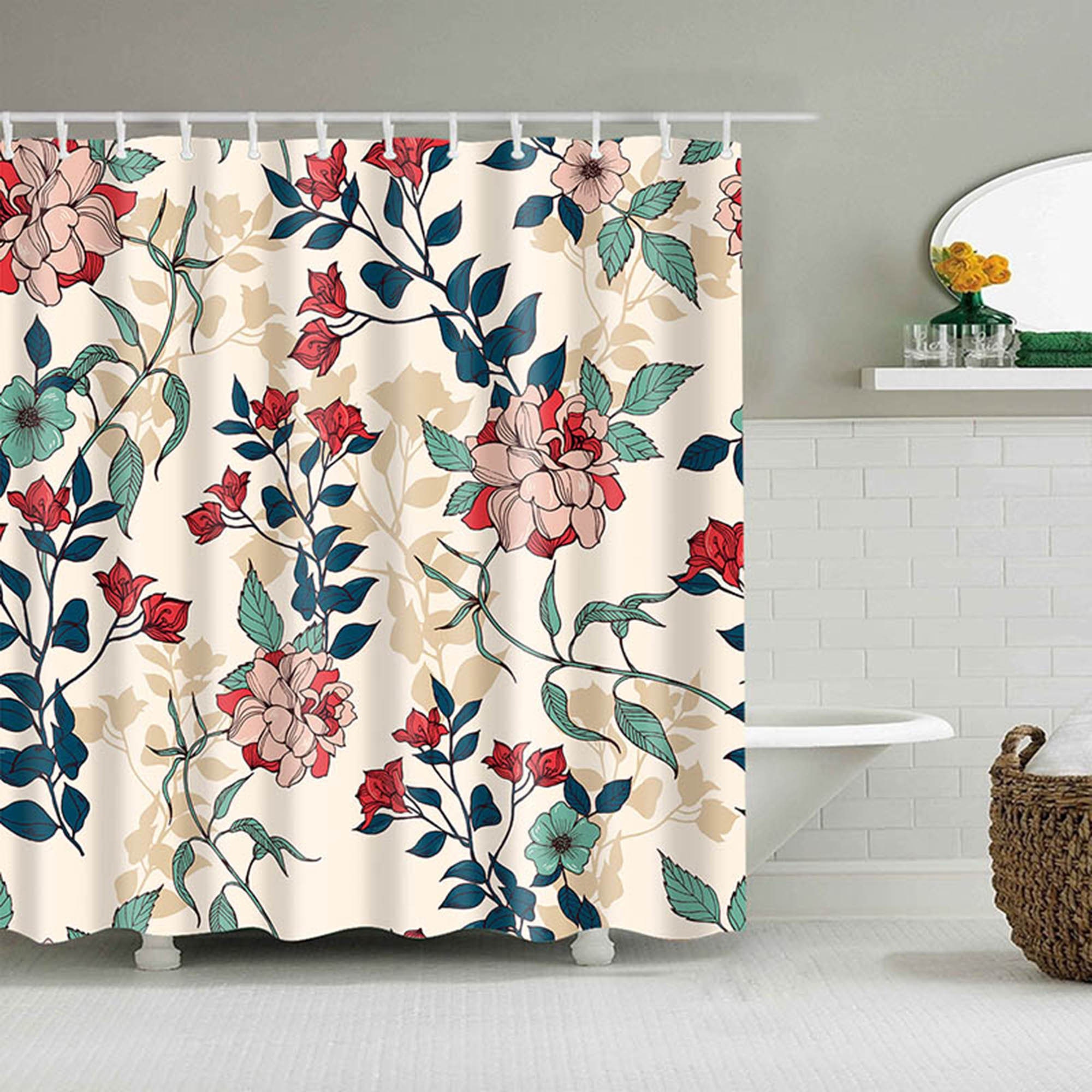 Red Floral Shower Curtain | Chrysanthemum Peony Dahlia Flowers | Fabric Bathroom Curtain