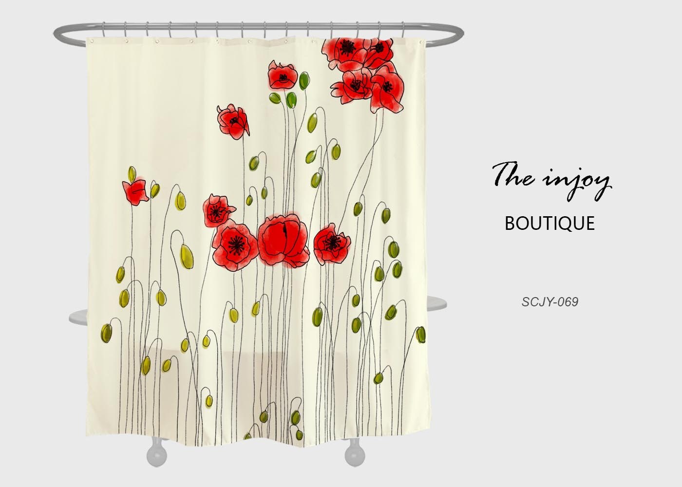 Red Flower Shower Curtain, Art Flora Extra Thick Curtains with Hooks, Waterproof and Washable