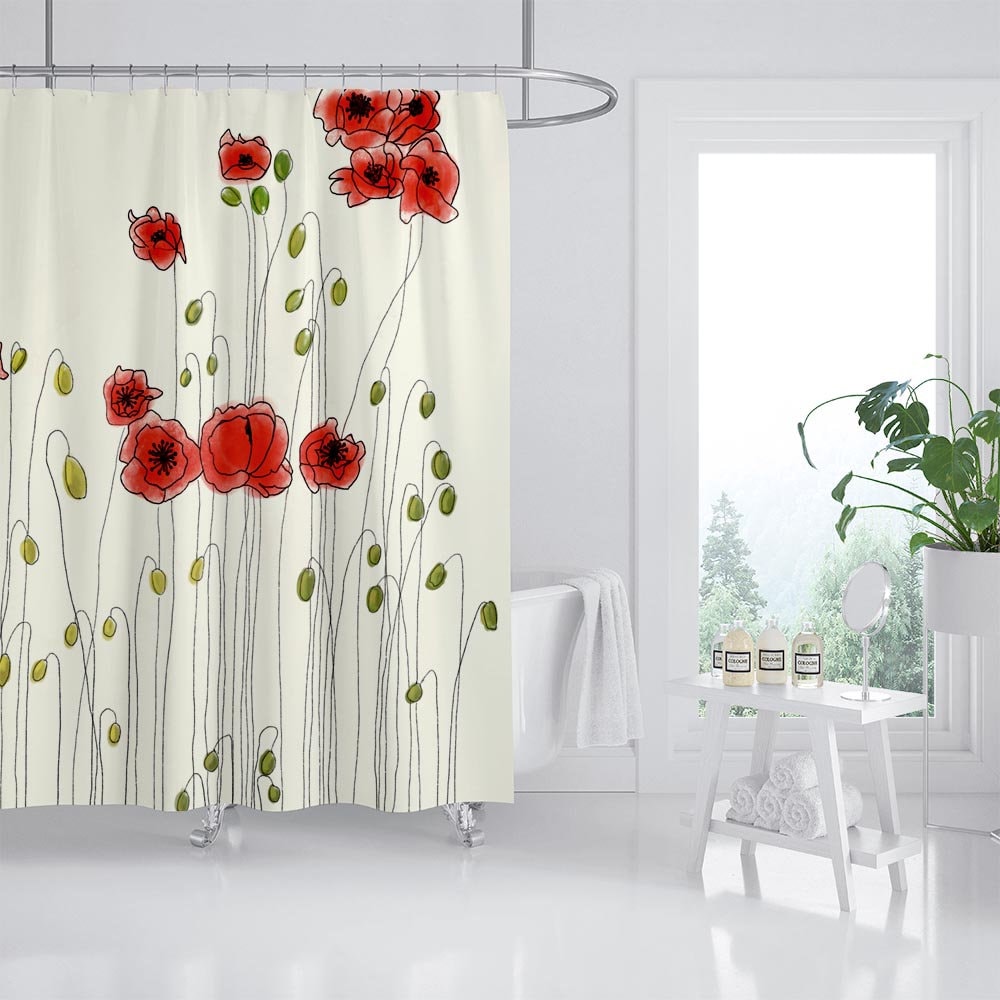 Red Flower Shower Curtain, Art Flora Extra Thick Curtains with Hooks, Waterproof and Washable - Image 2