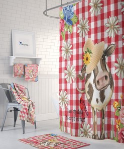 Red Gingham Cow Disney Shower Curtain Set with Optional Bath Set and Accessories