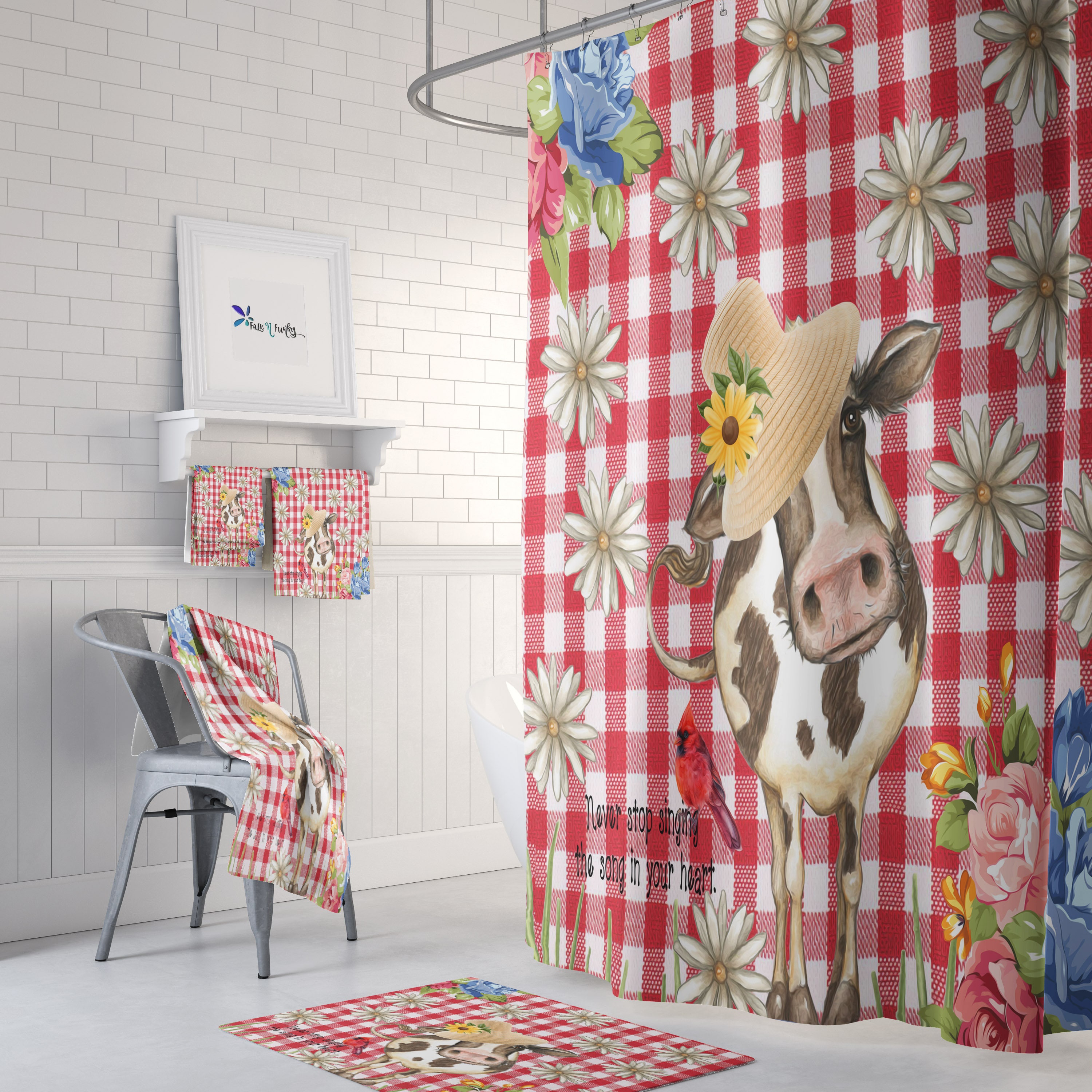 Red Gingham Cow Disney Shower Curtain Set with Optional Bath Set and Accessories