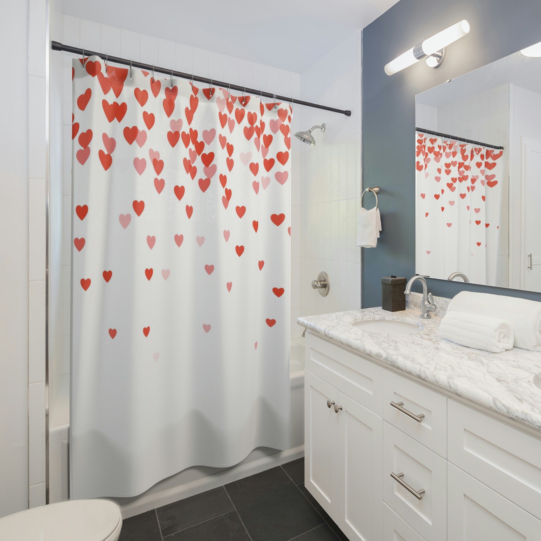 Red Hearts Valentine's Day Shower Curtain | Romantic Theme Cute Curtain | Idea for Valentines Day