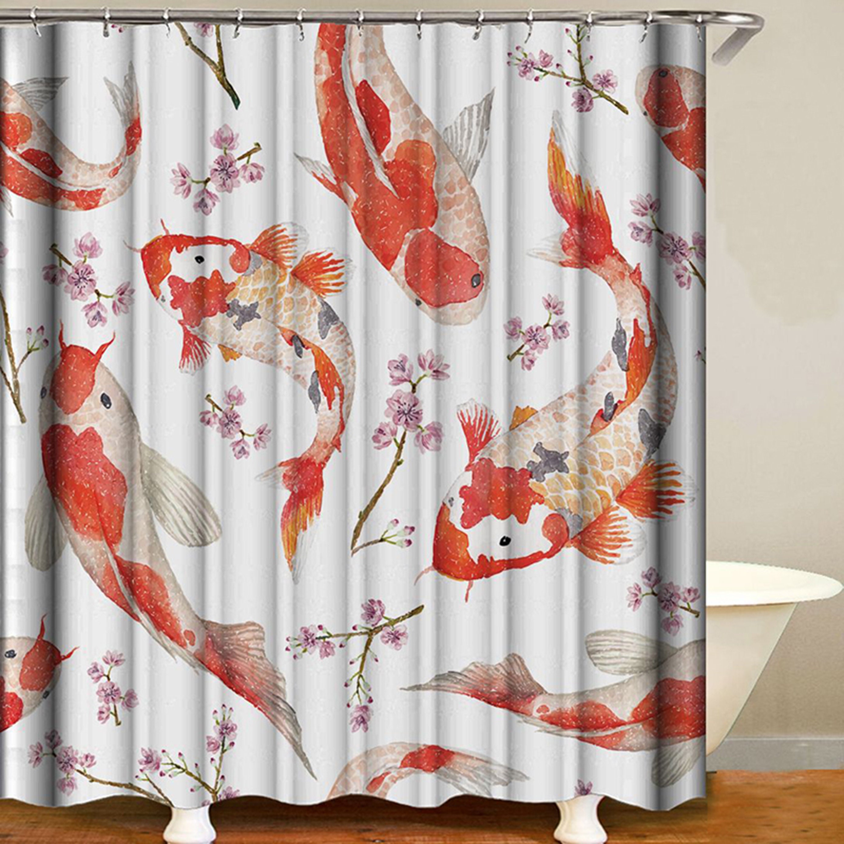 Red Koi Fish Classic South Asian Art Shower Curtain | Bathroom Curtain | Home Bath Set Decor