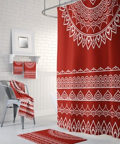 Red Southwestern Boho Shower Curtain with Optional Towels and Bath Mat in Unique Print