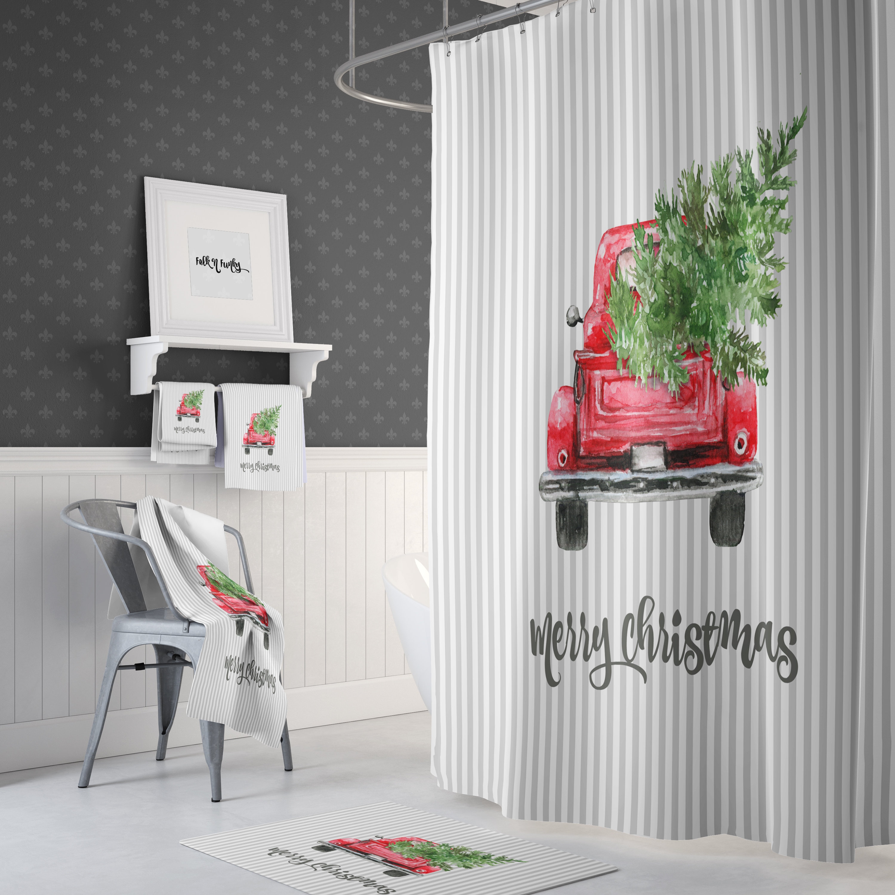 Red Truck Christmas Shower Curtain, Holiday Bathroom Decor with Unique Shower Curtain Ideas - Image 2