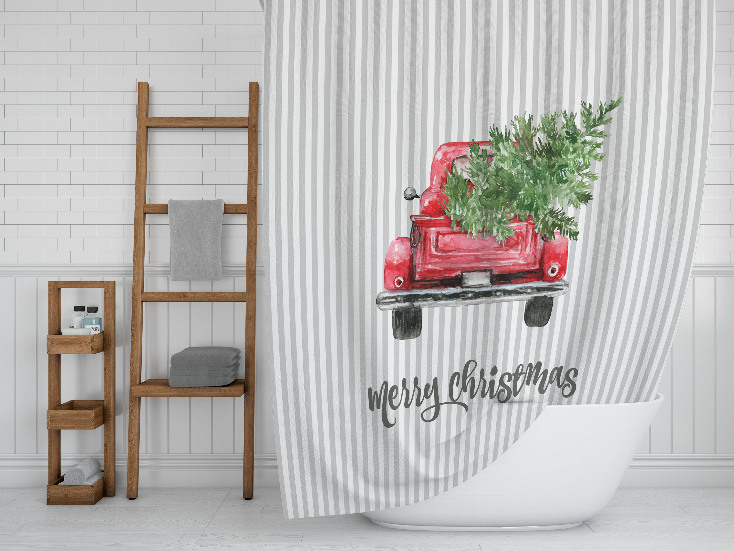 Red Truck Christmas Shower Curtain, Holiday Bathroom Decor with Unique Shower Curtain Ideas - Image 3