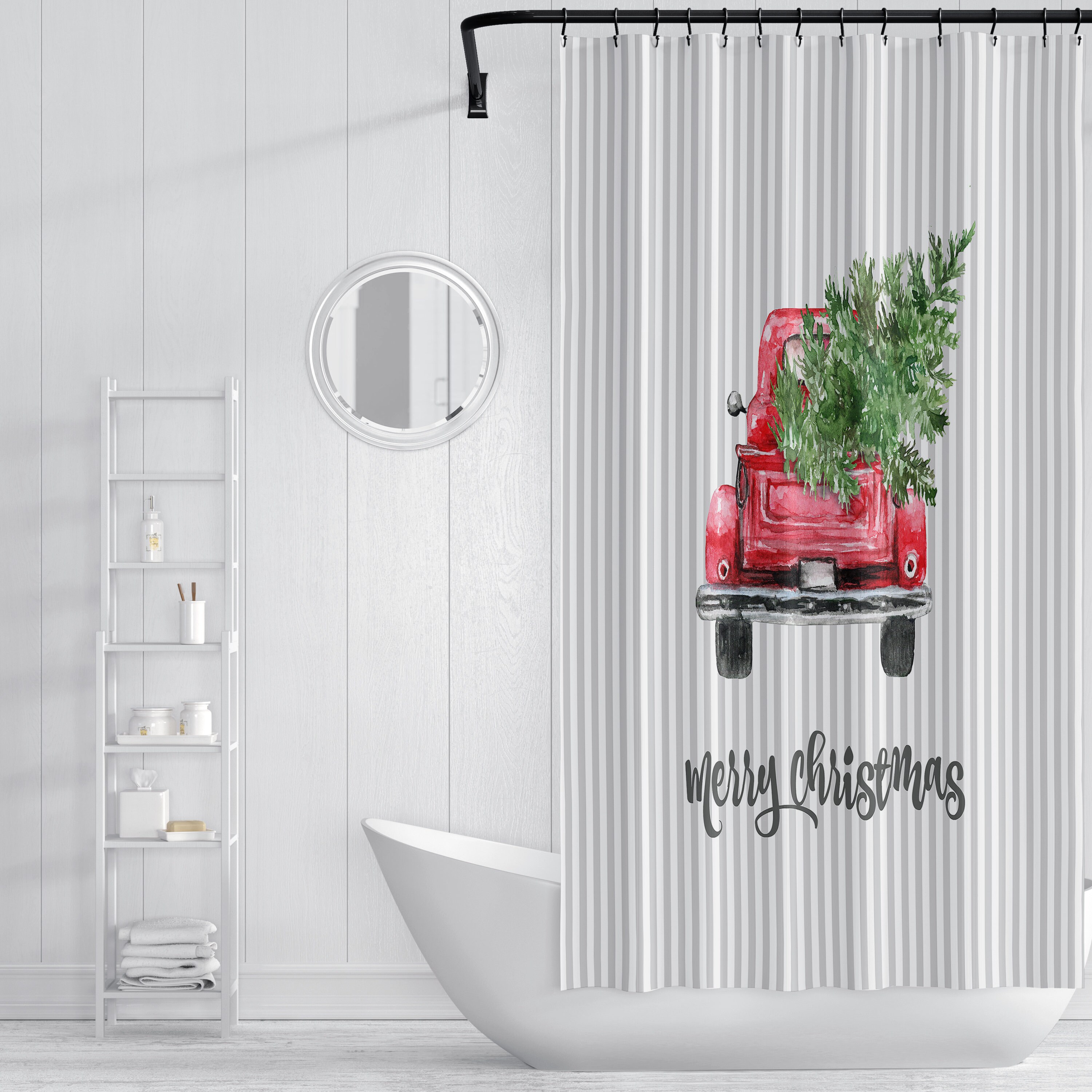 Red Truck Christmas Shower Curtain, Holiday Bathroom Decor with Unique Shower Curtain Ideas - Image 4