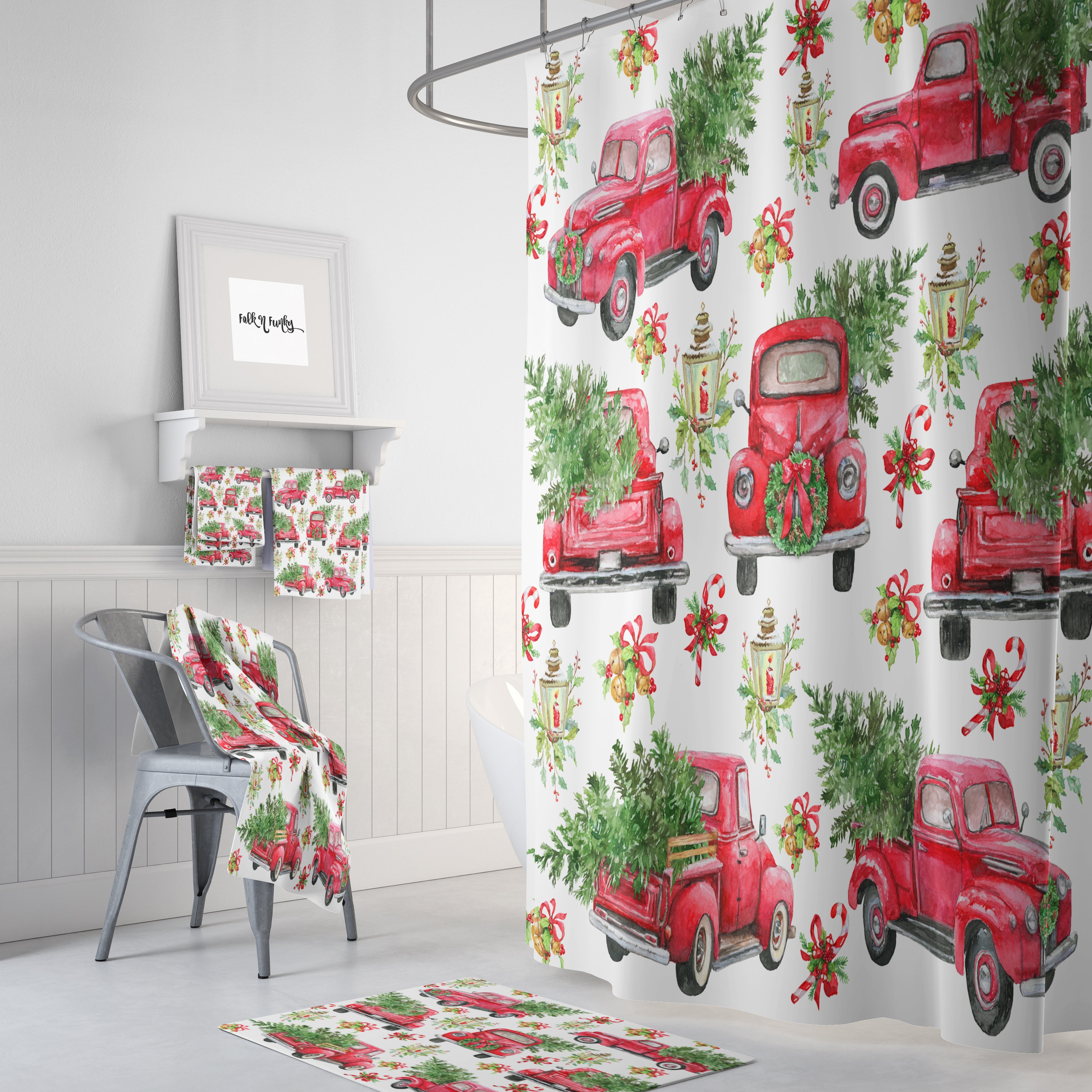 Red Truck Christmas Shower Curtain Set for a Festive Bathroom