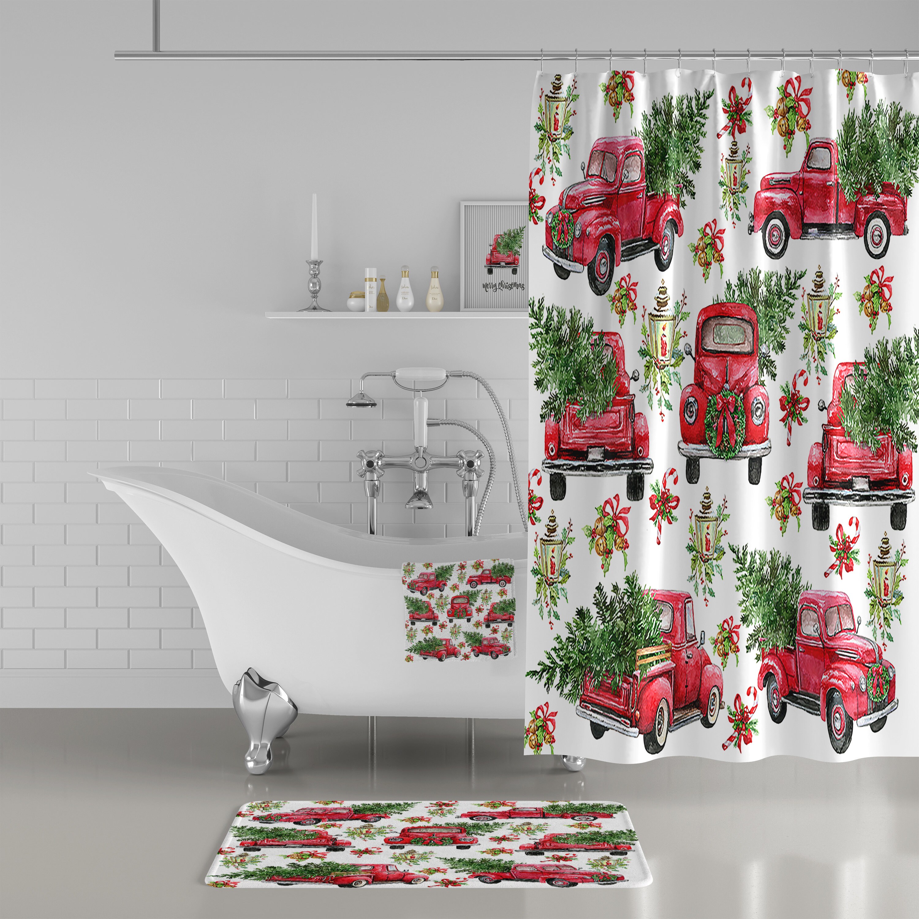 Red Truck Christmas Shower Curtain Set for a Festive Bathroom - Image 2