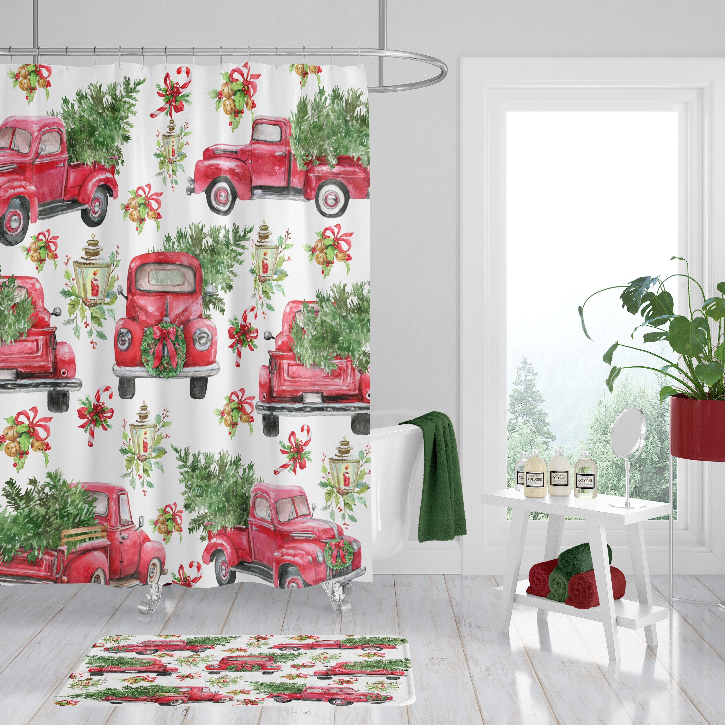 Red Truck Christmas Shower Curtain Set for a Festive Bathroom - Image 3