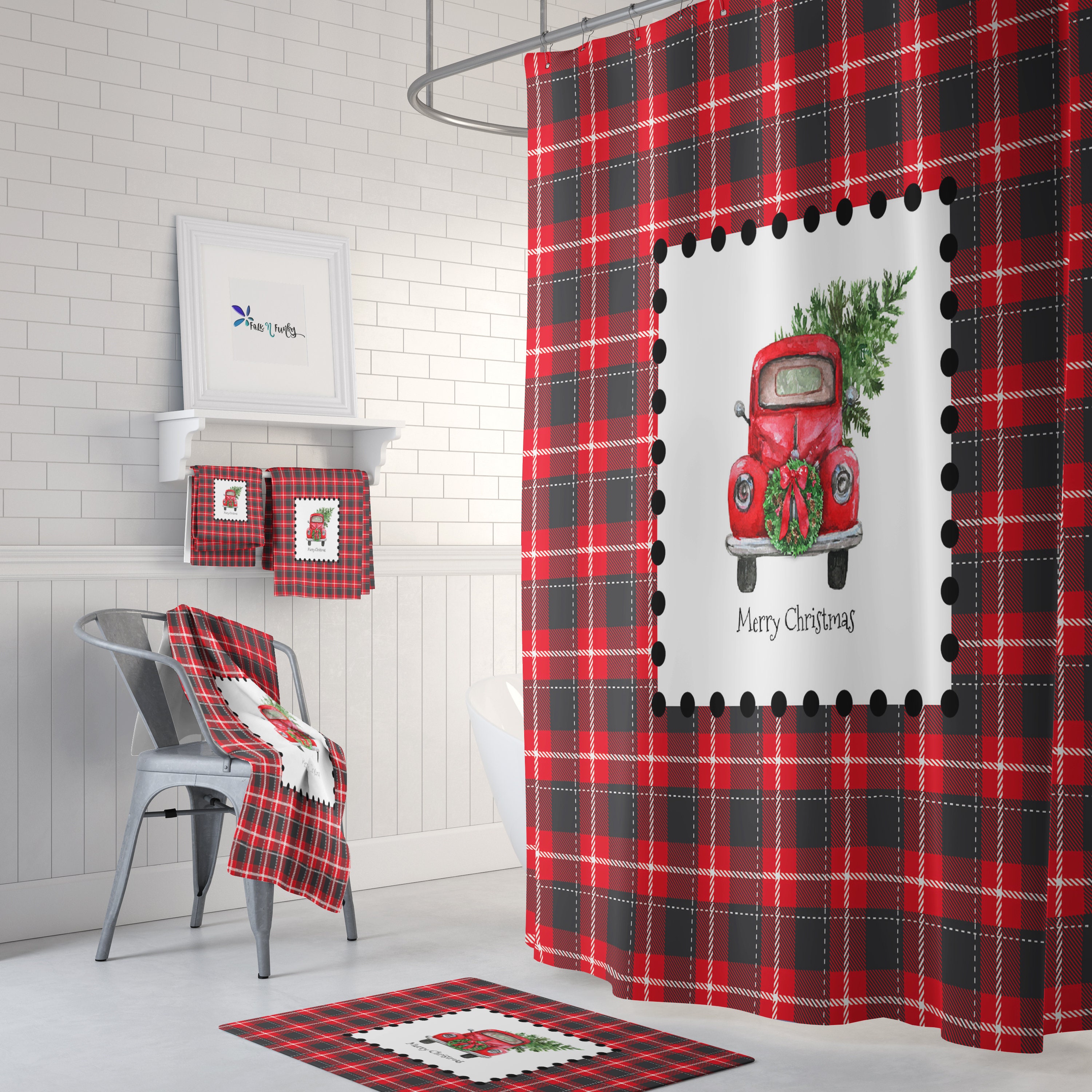 Red Truck Christmas Shower Curtain Set with Plaid Holiday Bathroom Decor