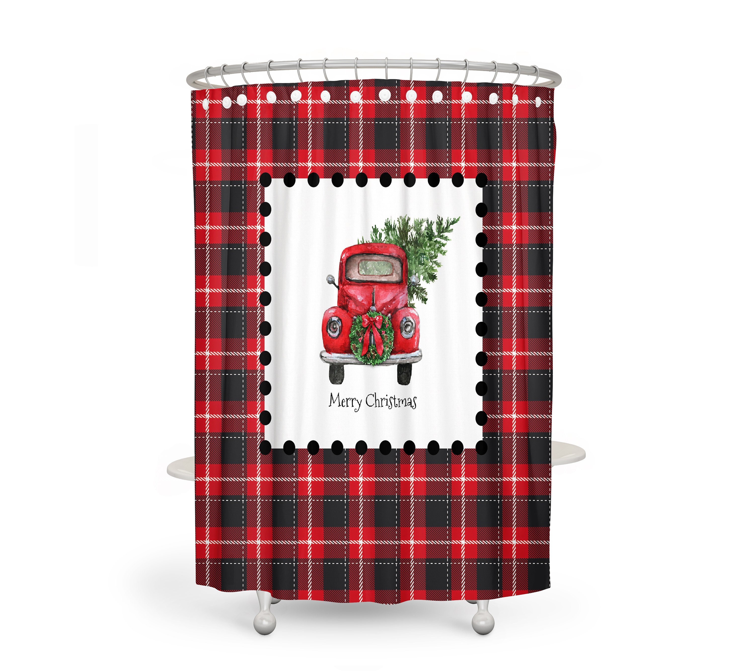 Red Truck Christmas Shower Curtain Set with Plaid Holiday Bathroom Decor - Image 2