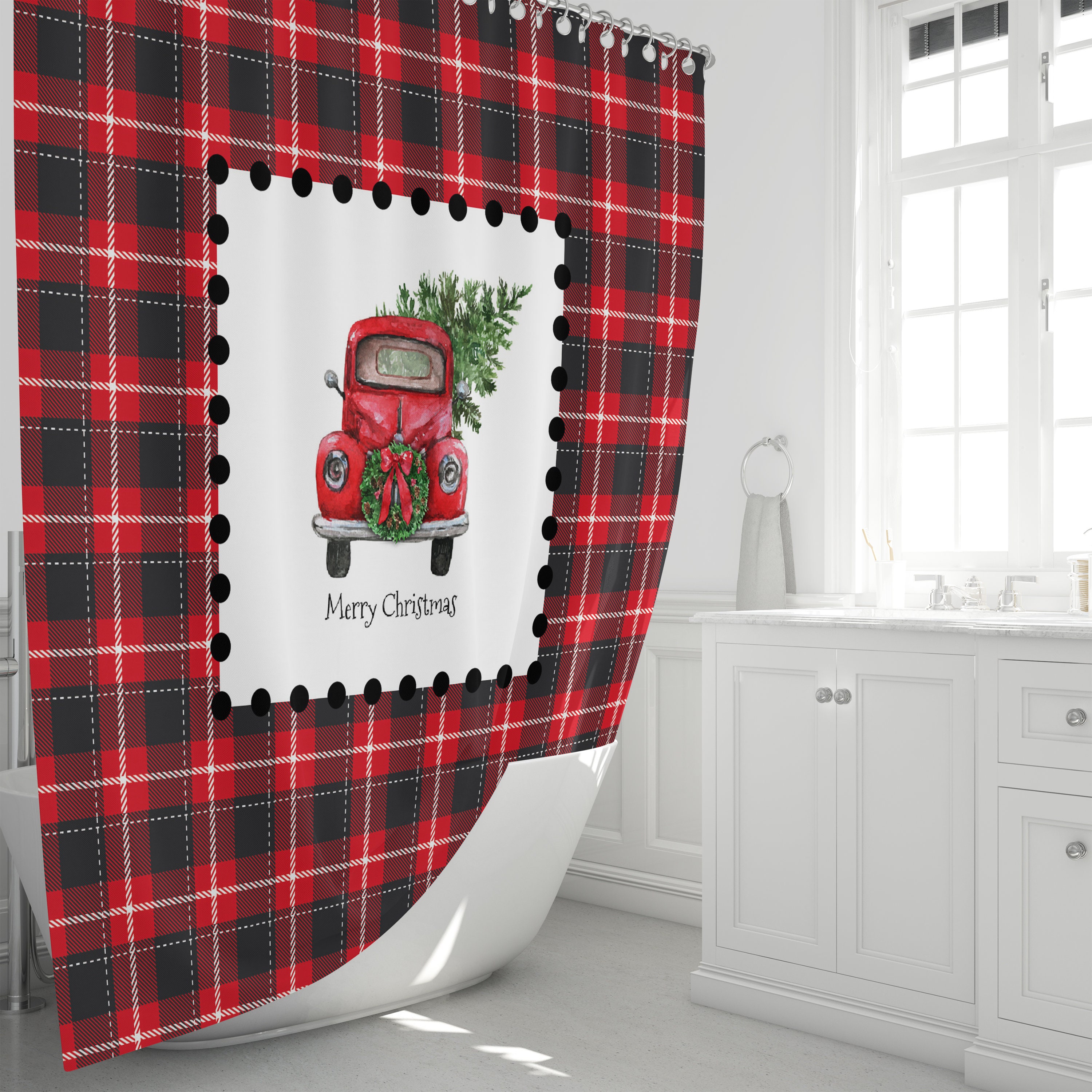 Red Truck Christmas Shower Curtain Set with Plaid Holiday Bathroom Decor - Image 3