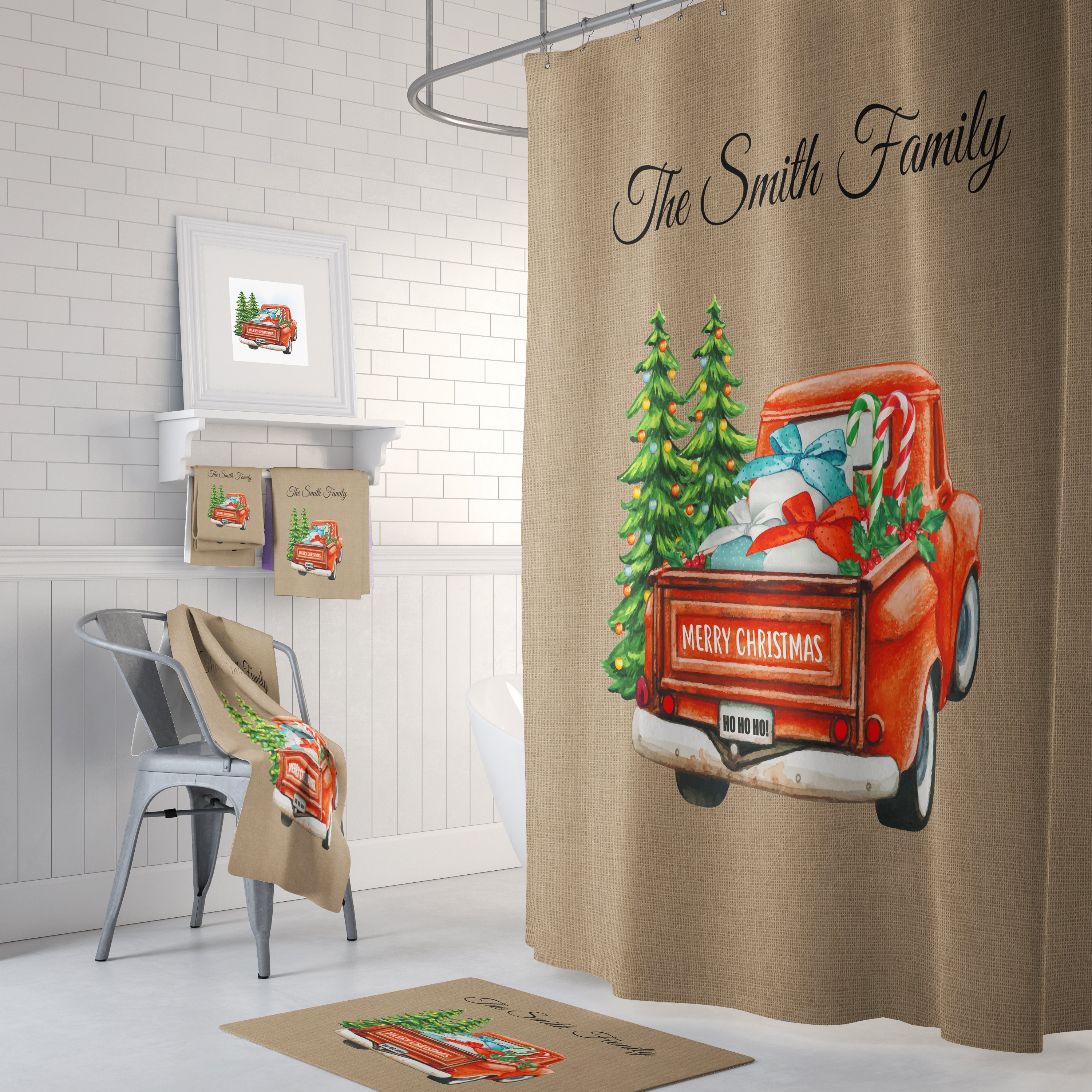 Red Truck Christmas Shower Curtain and Optional Festive Bath Decor
