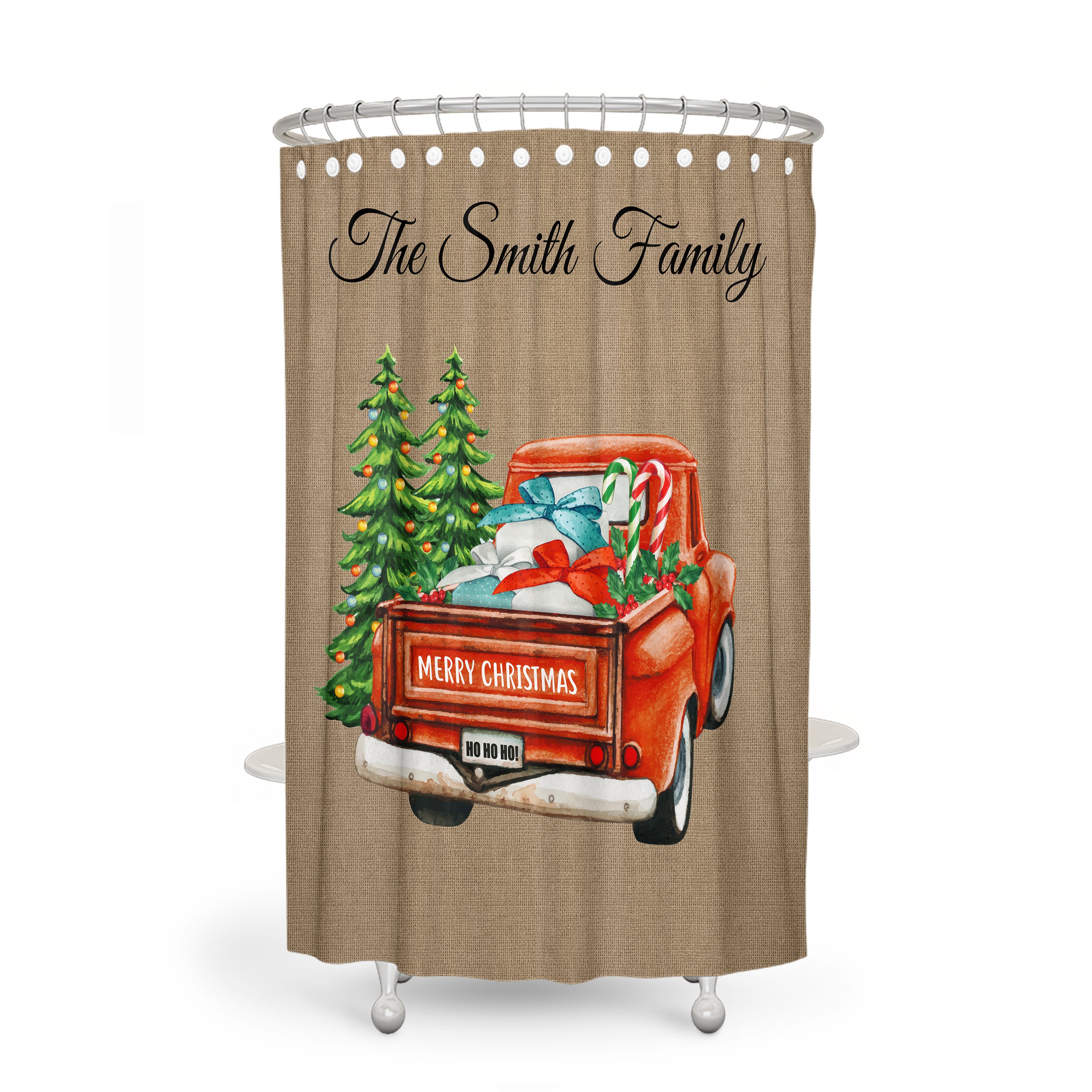 Red Truck Christmas Shower Curtain and Optional Festive Bath Decor - Image 2