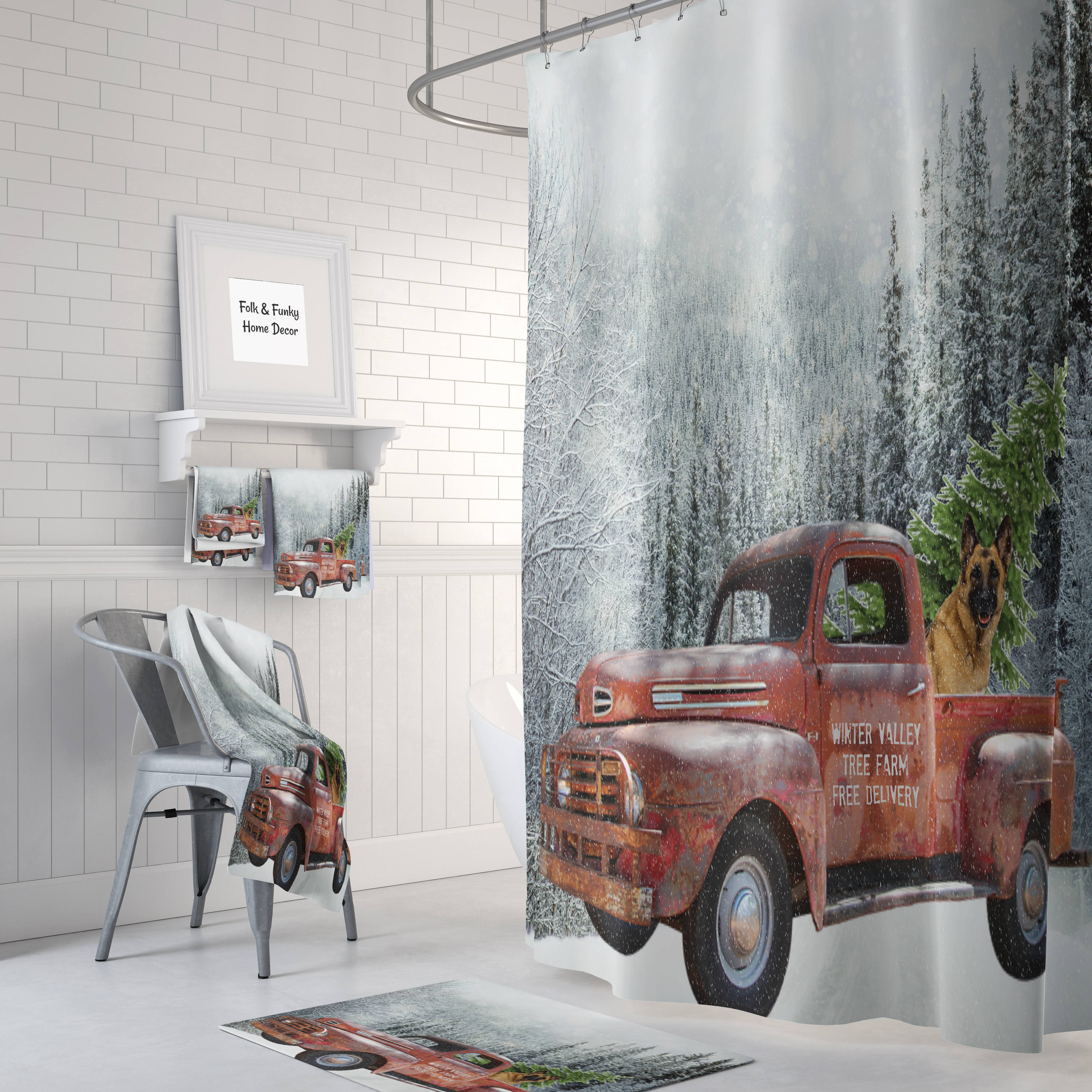 Red Truck and Christmas Tree Shower Curtain Set with Scenic Mountains and Dog