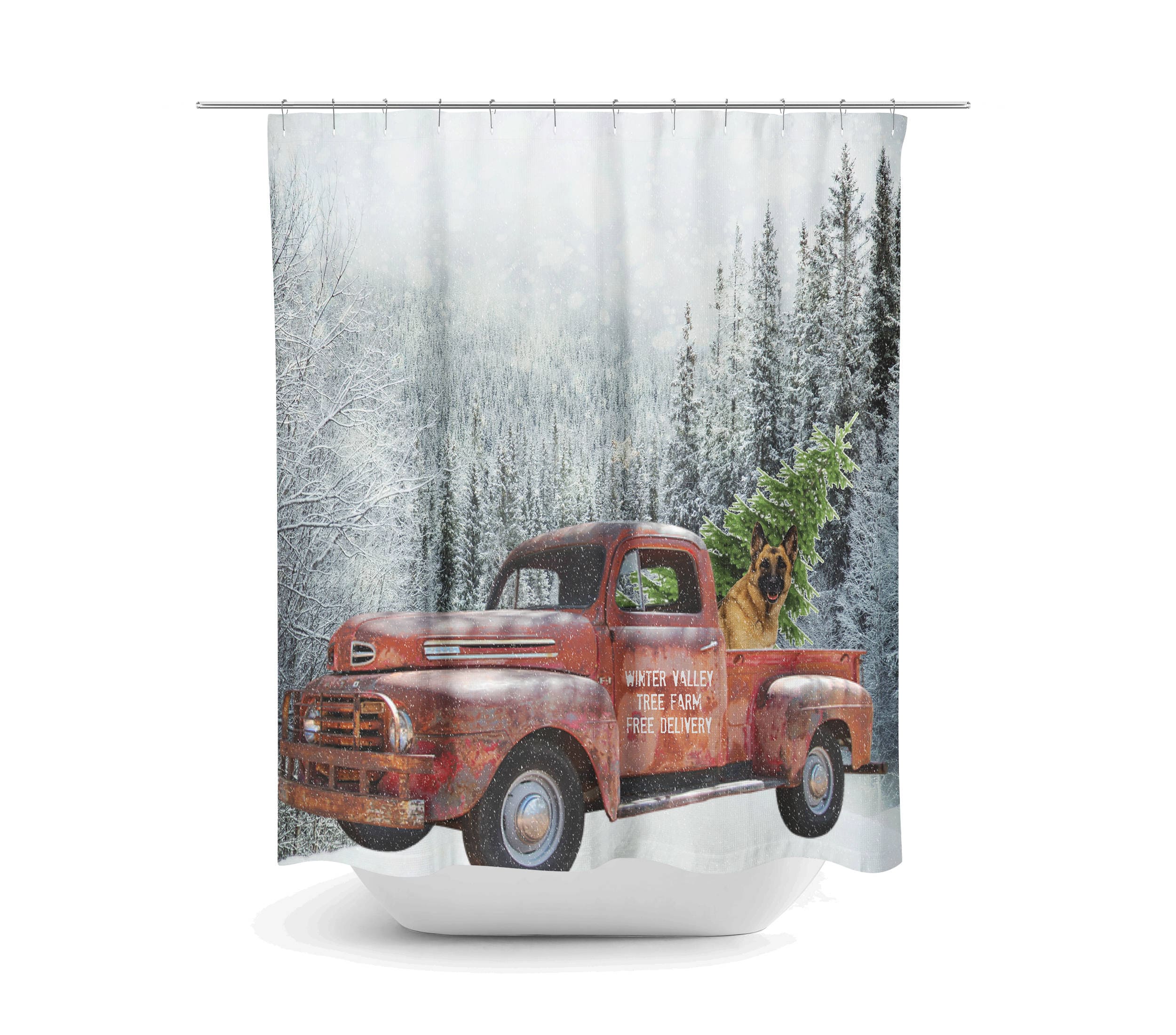 Red Truck and Christmas Tree Shower Curtain Set with Scenic Mountains and Dog - Image 2