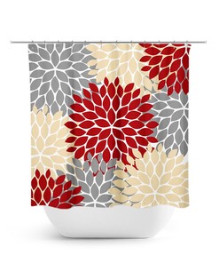 Red Yellow Gray Flower Shower Curtain, Retro Bathroom Decor with Water-Resistant Material and Unique Yellow Curtain