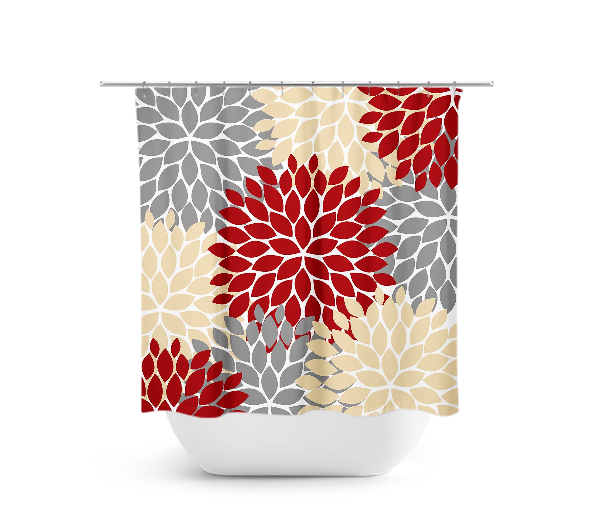 Red Yellow Gray Flower Shower Curtain, Retro Bathroom Decor with Water-Resistant Material and Unique Yellow Curtain