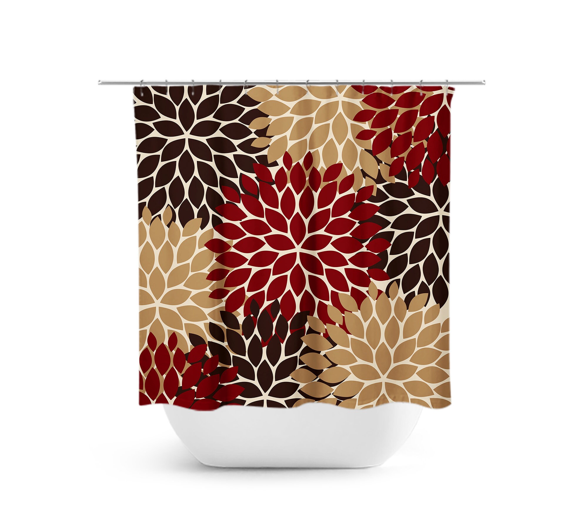Red and Brown Custom Shower Curtain, Elegant Floral Bathtub Curtain for Red and Brown Bathroom with Unique Quotes