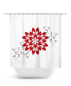 Red and White Flower Shower Curtain, Vintage Fabric Curtain for Red and White Bathroom with Floral Design
