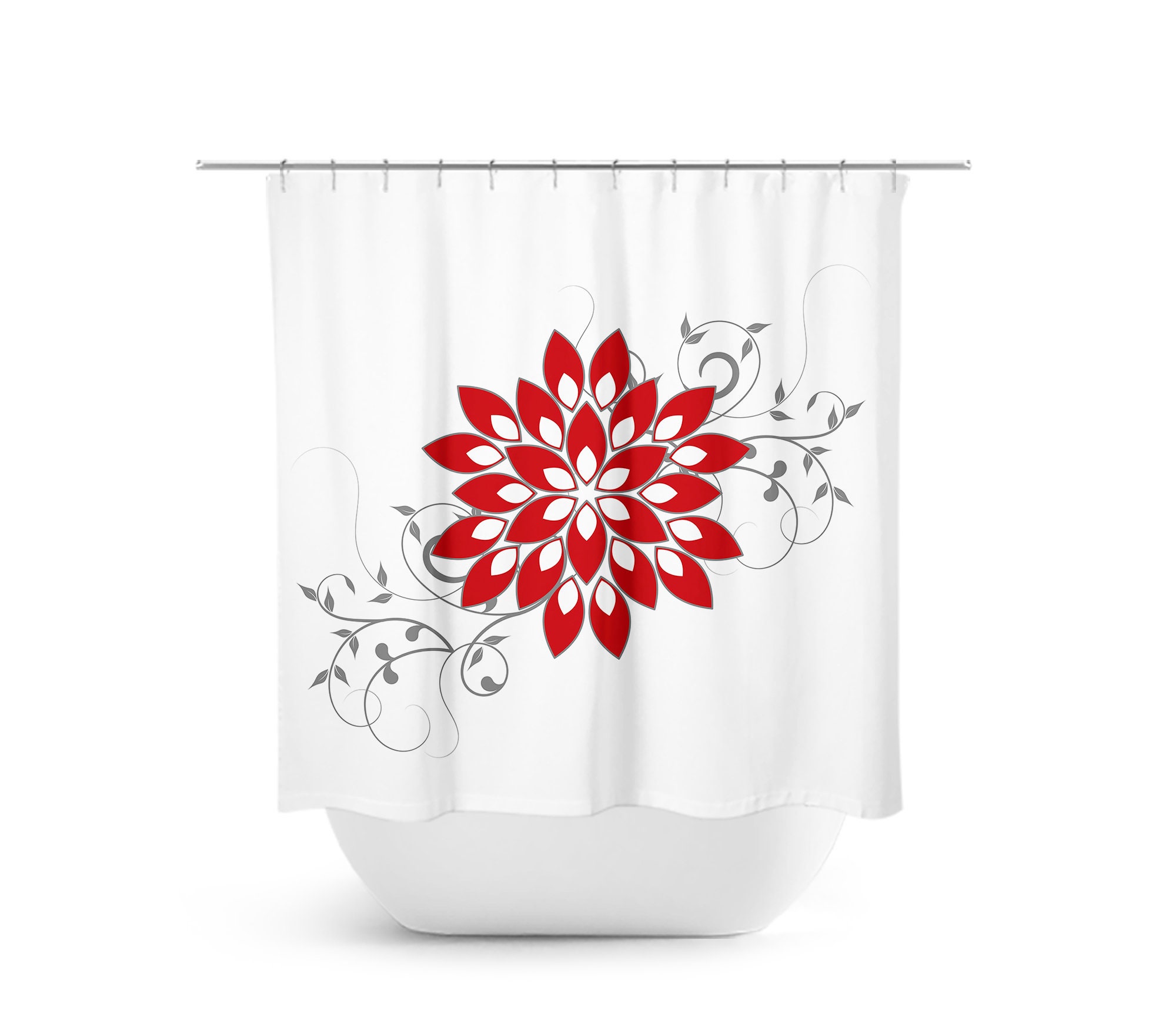 Red and White Flower Shower Curtain, Vintage Fabric Curtain for Red and White Bathroom with Floral Design