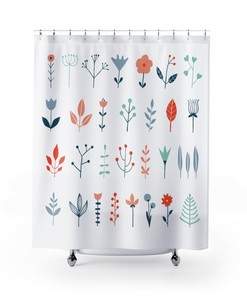 Relaxing Nature Shower Curtain with Flowers, Leaf, and Twigs with Keywords Restroom Shower Curtains