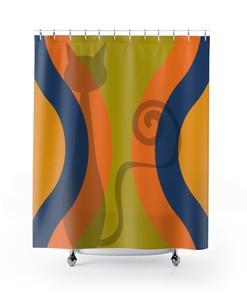 Retro 70's Atomic Cat Silhouette Shower Curtain with Orange, Green, Yellow, and Blue Mid Century Modern Style
