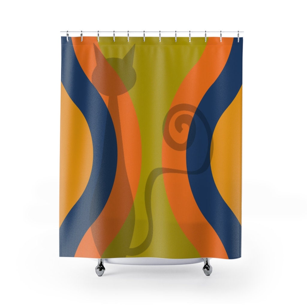Retro 70's Atomic Cat Silhouette Shower Curtain with Orange, Green, Yellow, and Blue Mid Century Modern Style
