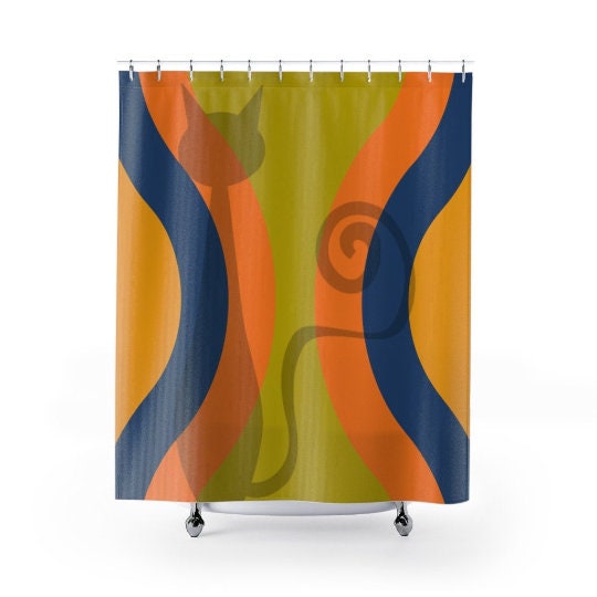 Retro 70's Atomic Cat Silhouette Shower Curtain with Orange, Green, Yellow, and Blue Mid Century Modern Style - Image 3