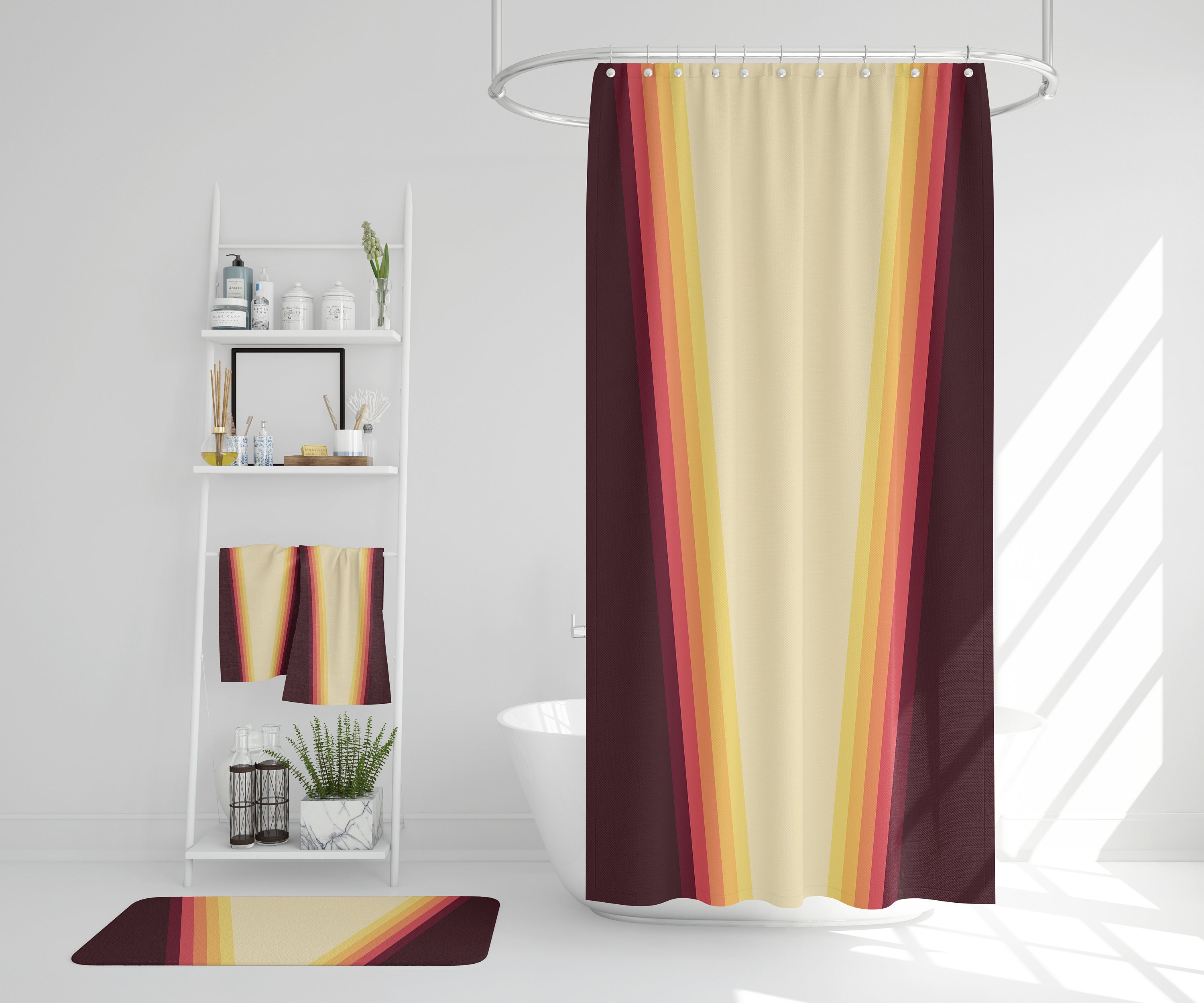 Retro 70's Bath Accessory Set, Waffle Weave Shower Curtain and Towels