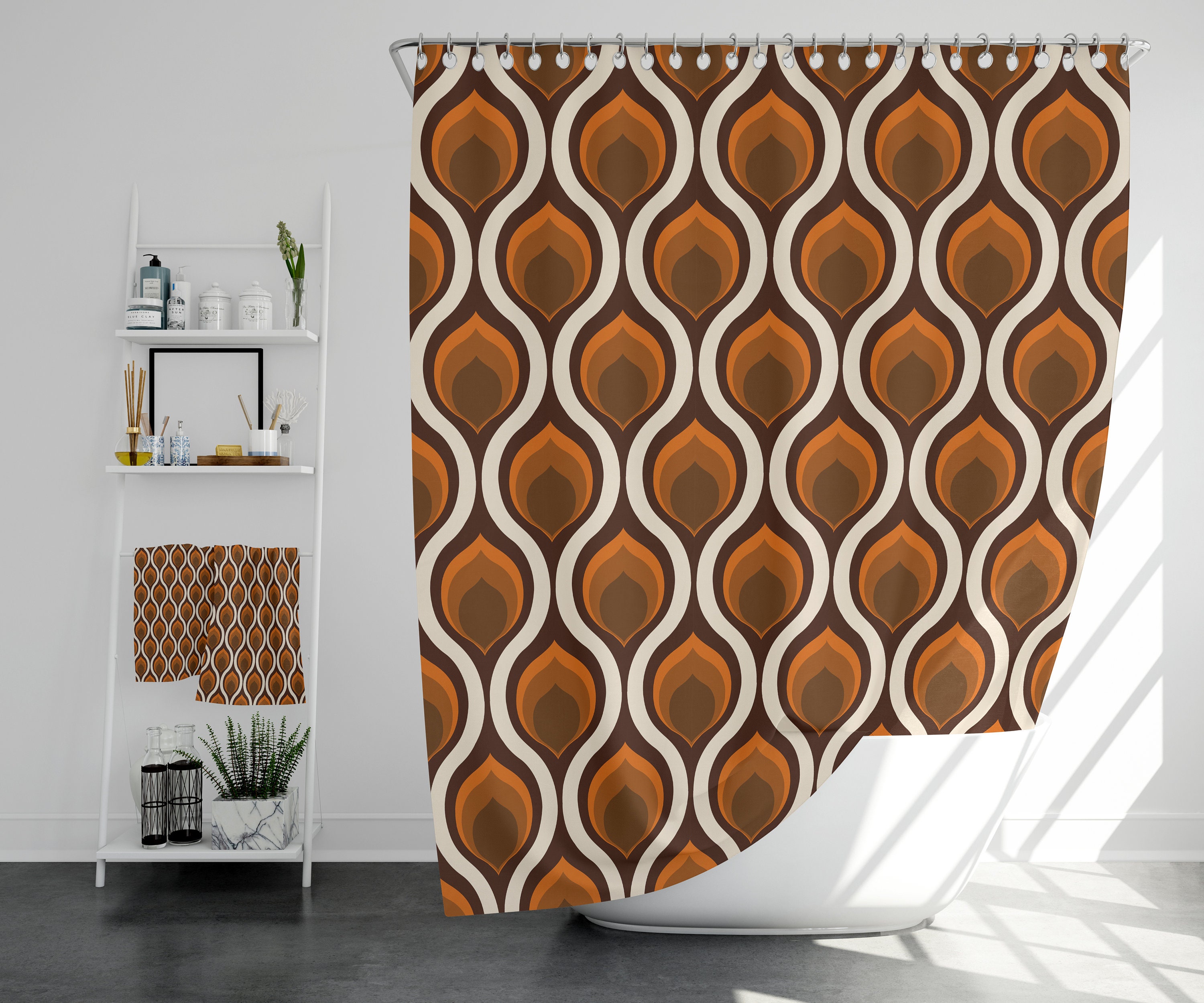 Retro 70s Bathroom Set, Waffle Weave Shower Curtain, Hand Towel, Bath Towel, Spa Wrap